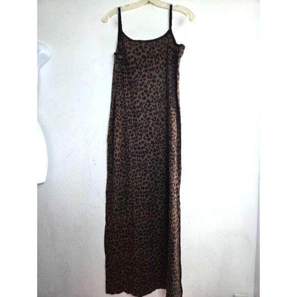 Newport News Women Dark Brown Cheetah Print 100% Cotton Y2K Maxi Dress sz Large - Picture 1 of 9